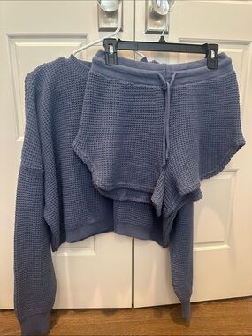 Nasty Gal Dusty Blue Waffle-Knit Cropped Sweater & Shorts Set